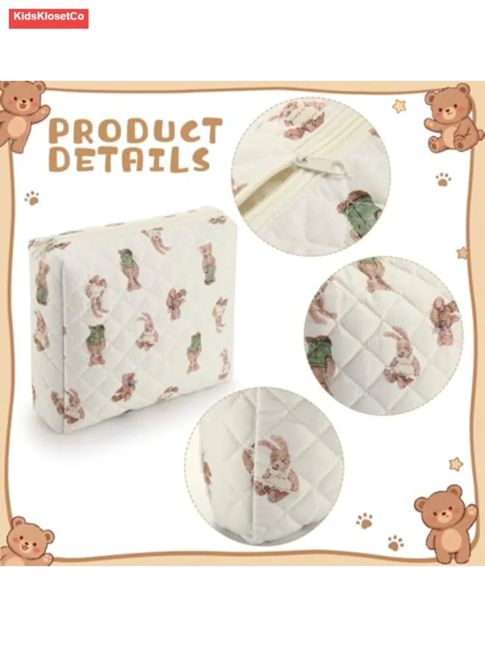 Quilted Cotton 3-Piece Diaper Bag Organizer Pouch Set with Bear Print